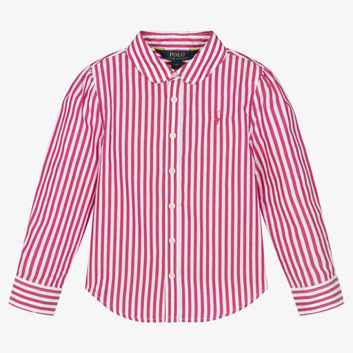 Ralph Lauren-قميص قطن بوبلين مقلم لون زهري وأبيض للبنات | Childrensalon Outlet