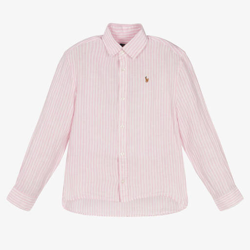 Ralph Lauren-Girls Pink & White Striped Linen Shirt | Childrensalon Outlet