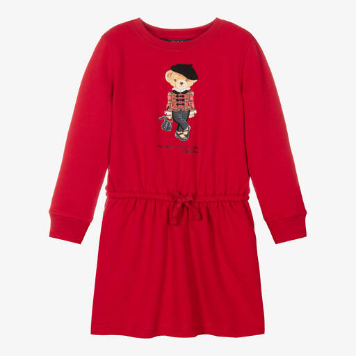 Ralph Lauren-Girls Red Cotton Polo Bear Dress | Childrensalon Outlet