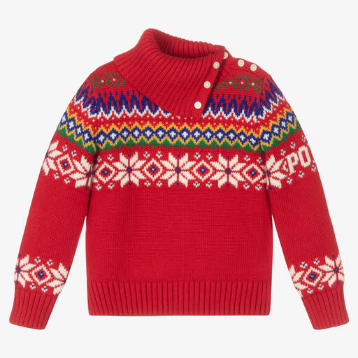 Polo Ralph Lauren-Girls Red Knit Festive Sweater | Childrensalon Outlet