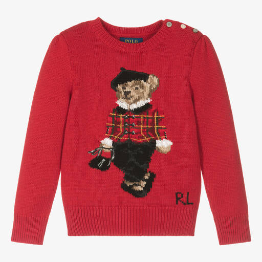 Ralph Lauren-Girls Red Knit Polo Bear Sweater | Childrensalon Outlet