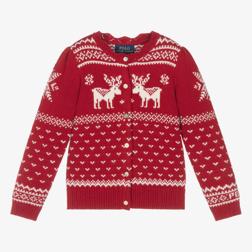 Ralph Lauren-Girls Red Knitted Fair Isle Cardigan | Childrensalon Outlet