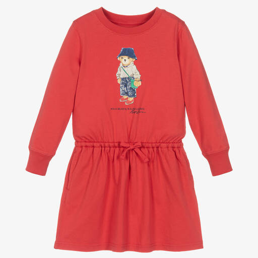 Ralph Lauren-Girls Red Polo Bear Cotton Jersey Dress | Childrensalon Outlet