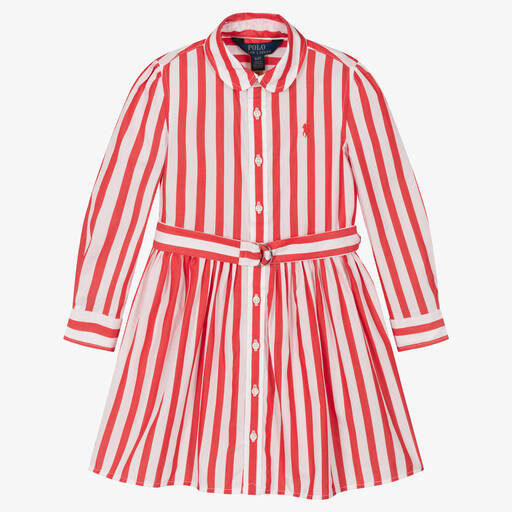 Polo Ralph Lauren-فستان قطن بوبلين مقلم لون أحمر وأبيض | Childrensalon Outlet