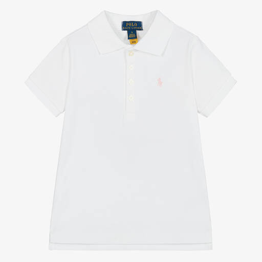Ralph Lauren-Girls White Cotton Piqué Polo Shirt | Childrensalon Outlet