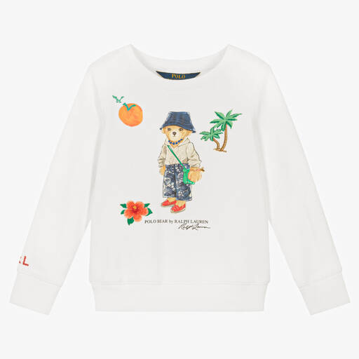 Ralph Lauren-Girls White Cotton Polo Bear Sweatshirt | Childrensalon Outlet