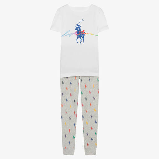 Polo Ralph Lauren-بيجاما قطن لون أبيض ورمادي للبنات | Childrensalon Outlet