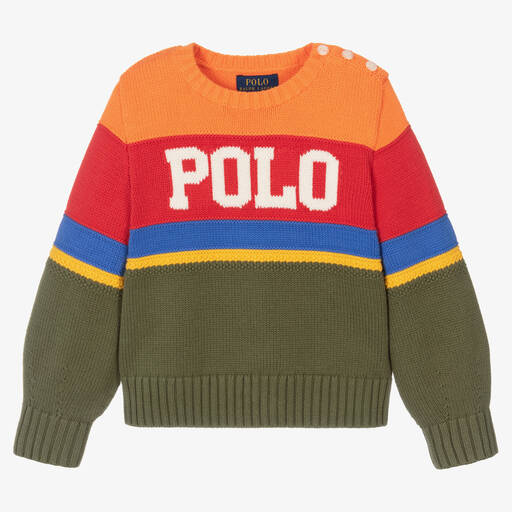 Ralph Lauren-Green & Orange Knitted Cotton Sweater | Childrensalon Outlet