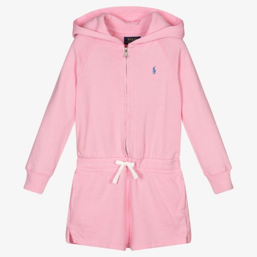Polo Ralph Lauren-Pink Hooded Cotton Playsuit | Childrensalon Outlet