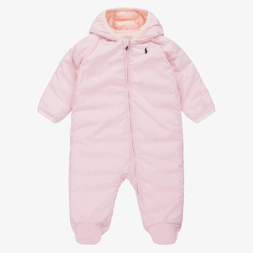 Ralph Lauren-Pink Padded Logo Baby Snowsuit | Childrensalon Outlet