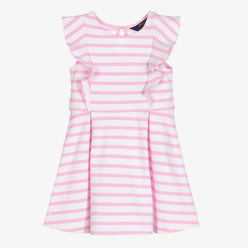 Ralph Lauren-فستان فيسكوز جيرسي لون زهري وأبيض | Childrensalon Outlet