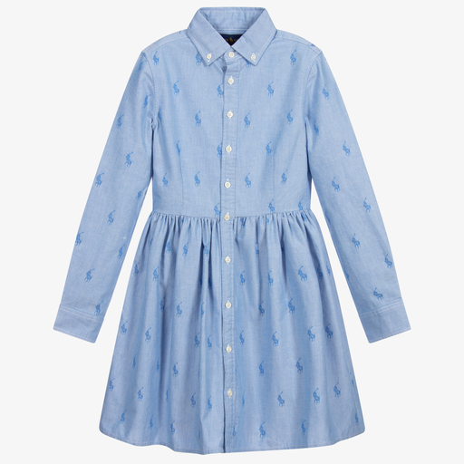 Polo Ralph Lauren-فستان قميص تينز قطن أكسفورد لون أزرق | Childrensalon Outlet
