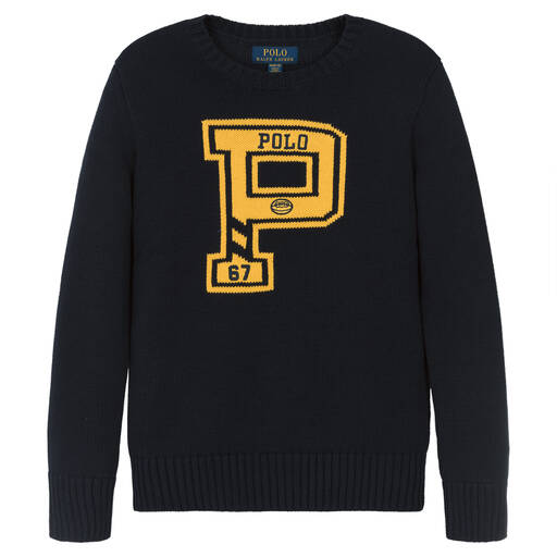 Ralph Lauren-Teen Boys Blue Cotton Varsity Sweater | Childrensalon Outlet