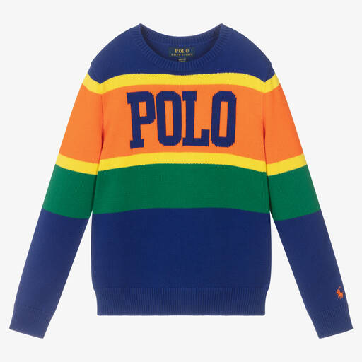 Polo Ralph Lauren-كنزة تينز ولادي قطن محبوك مقلم لون أزرق | Childrensalon Outlet