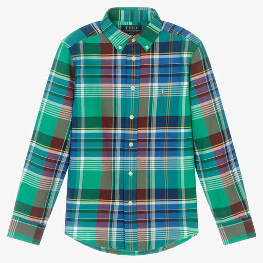 Polo Ralph Lauren-قميص قطن أكسفورد تارتان لون أزرق وأخضر | Childrensalon Outlet