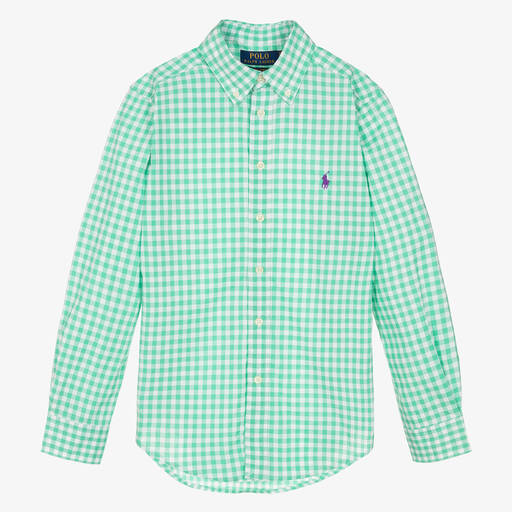Ralph Lauren-قميص تينز ولادي قطن بوبلين كاروهات لون أخضر | Childrensalon Outlet