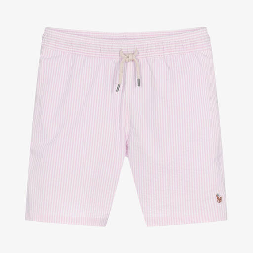 Ralph Lauren-Teen Boys Pink Striped Seersucker Swim Shorts | Childrensalon Outlet