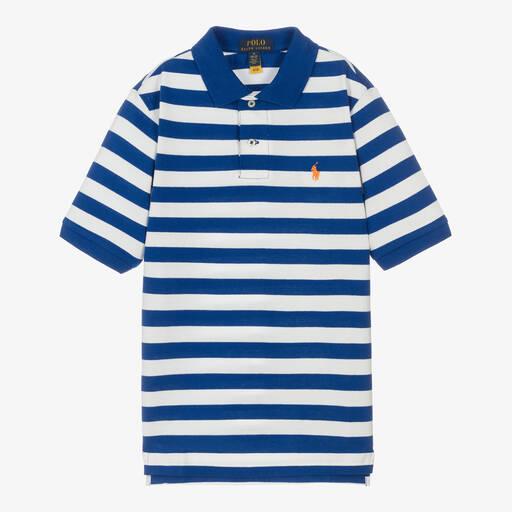 Polo Ralph Lauren-توب بولو تينز ولادي قطن بيكيه مقلم لون أبيض وأزرق | Childrensalon Outlet