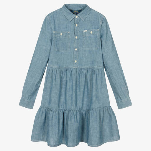 Polo Ralph Lauren-فستان تينز بناتي قطن شامبري لون أزرق فاتح | Childrensalon Outlet
