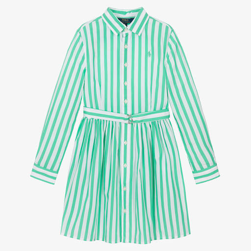 Ralph Lauren-فستان قميص قطن بوبلين لون أبيض وأخضر | Childrensalon Outlet
