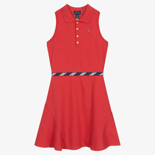 Polo Ralph Lauren-فستان بولو تينز بناتي قطن بيكيه لون أحمر | Childrensalon Outlet