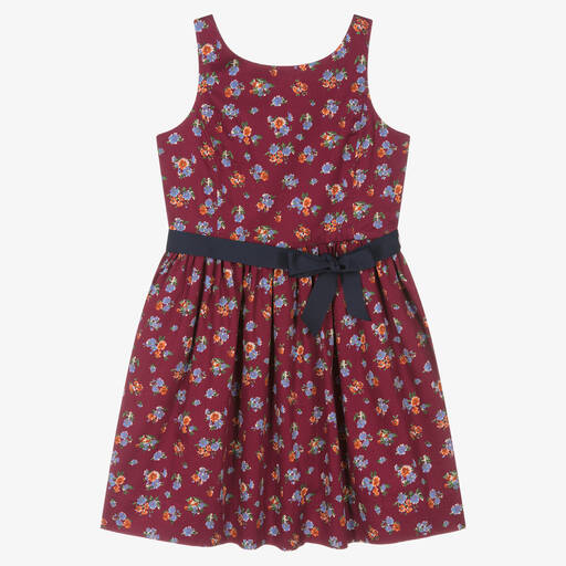 Ralph Lauren-فستان بطبعة ورود قطن لون أحمر تينز بناتي | Childrensalon Outlet