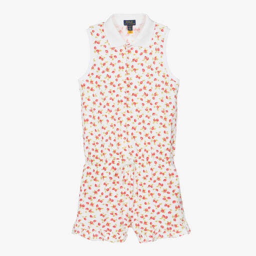 Ralph Lauren-Teen Girls White Cotton Strawberry Playsuit | Childrensalon Outlet