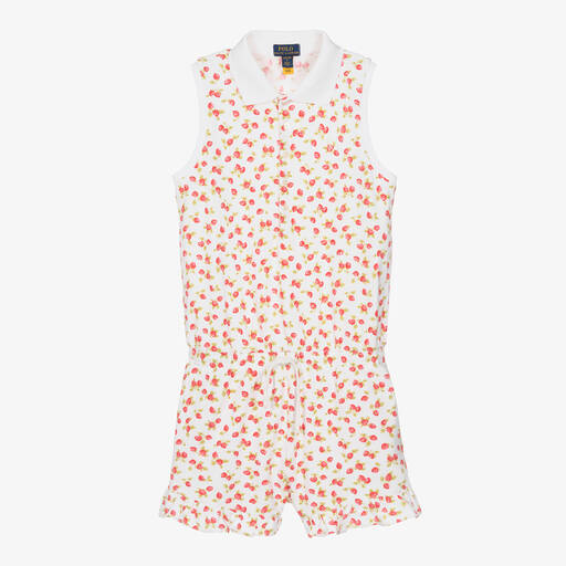 Ralph Lauren-Teen Girls White Cotton Strawberry Playsuit | Childrensalon Outlet