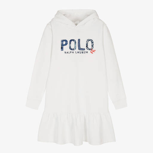Polo Ralph Lauren-فستان كنزة هودي قطن جيرسي لون أبيض | Childrensalon Outlet