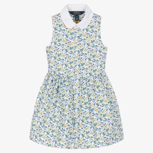 Ralph Lauren-Geblümtes Oxford-Kleid in Weiß-Blau | Childrensalon Outlet