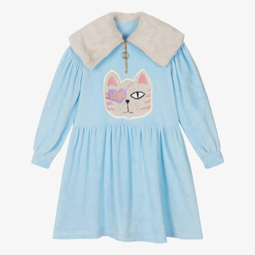 RaspberryPlum-Girls Blue Velour Cat Dress | Childrensalon Outlet