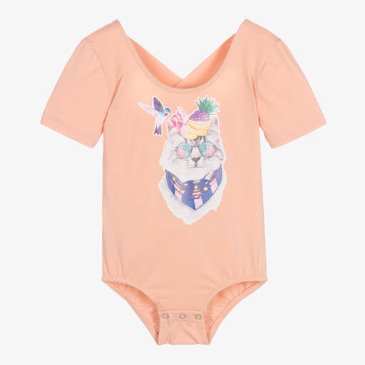 RaspberryPlum-Girls Pink Cotton Cat Print Bodysuit  | Childrensalon Outlet