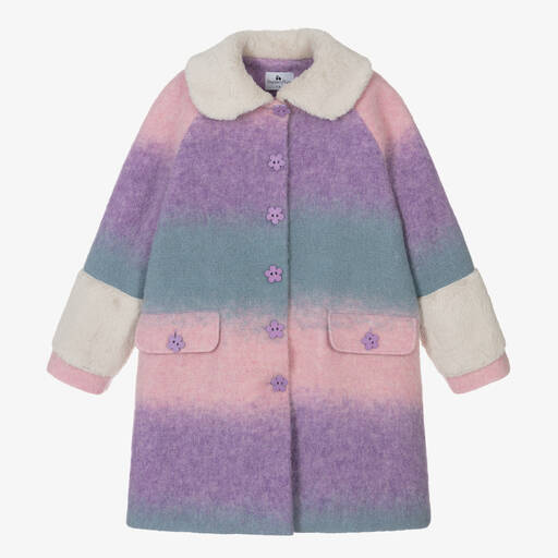 RaspberryPlum-Розово-фиолетовое шерстяное пальто в полоску | Childrensalon Outlet