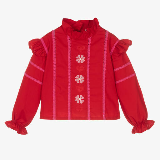 RaspberryPlum-Rote Baumwollbluse mit Spitze (M) | Childrensalon Outlet