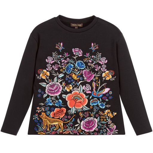 Roberto Cavalli-Girls Embroidered Black Top | Childrensalon Outlet