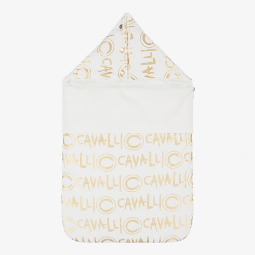 Roberto Cavalli-Fußsack mit Kapuze in Elfenbein und Gold (72 cm) | Childrensalon Outlet