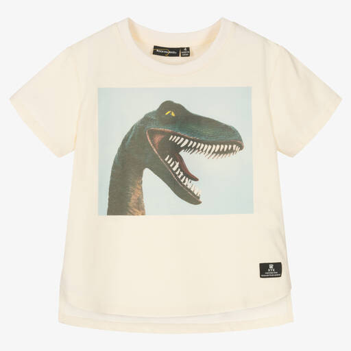Rock Your Baby-Elfenbeinfarbenes Smile Dino T-Shirt (J) | Childrensalon Outlet