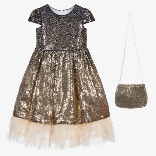 Romano Princess-طقم فستان وحقيبة ترتر وتول لون كحلي وذهبي | Childrensalon Outlet