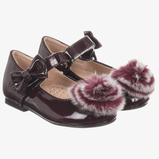 Romano Princess-Patent Burgundy Pom-Pom Shoes | Childrensalon Outlet