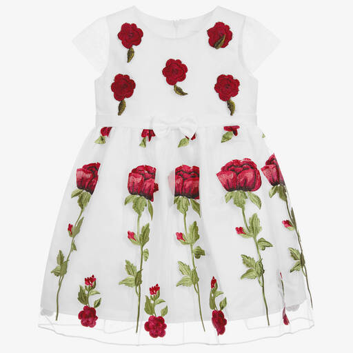 Romano Принцесса-White Organza Red Rose Dress | Childrensalon Outlet