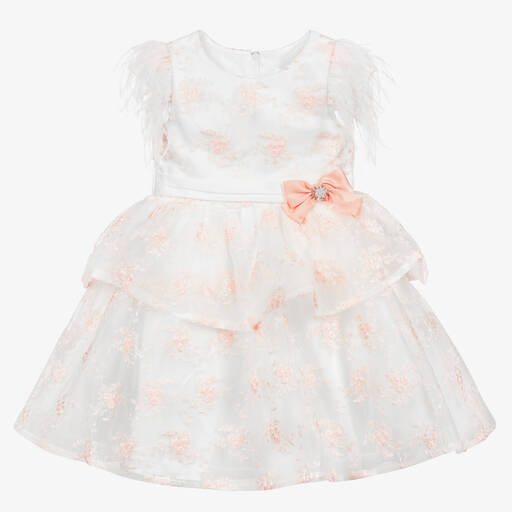 Romano Princess-فستان تول مطرز لون أبيض وزهري مزين بريش | Childrensalon Outlet