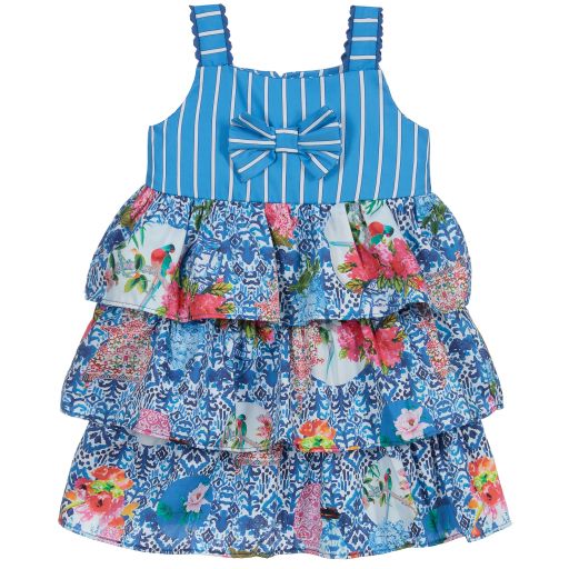 Rosalita Señoritas-فستان قطن بوبلين لون أزرق وأبيض بطبعة ورود | Childrensalon Outlet