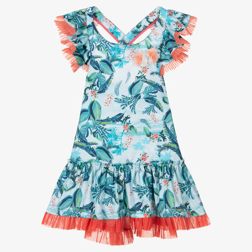 Rosalita Señoritas-Girls Blue & Orange Tropical Ruffle Dress | Childrensalon Outlet