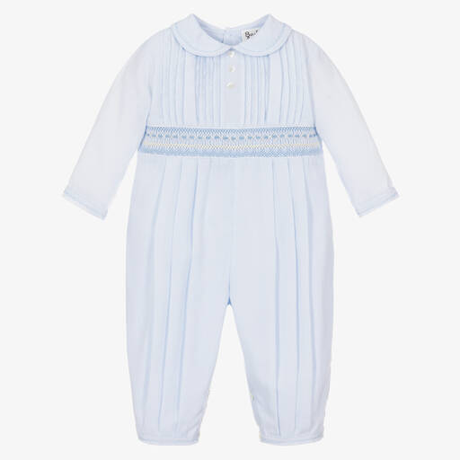 Sarah Louise-Baby Boys Blue Smocked Cotton Romper | Childrensalon Outlet