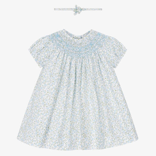 Sarah Louise-Baby Girls Blue Smocked Floral Dress Set | Childrensalon Outlet
