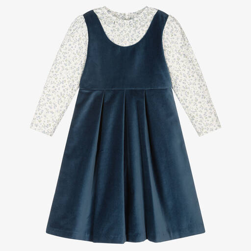 Sarah Louise-Blue Velvet & Floral Dress | Childrensalon Outlet