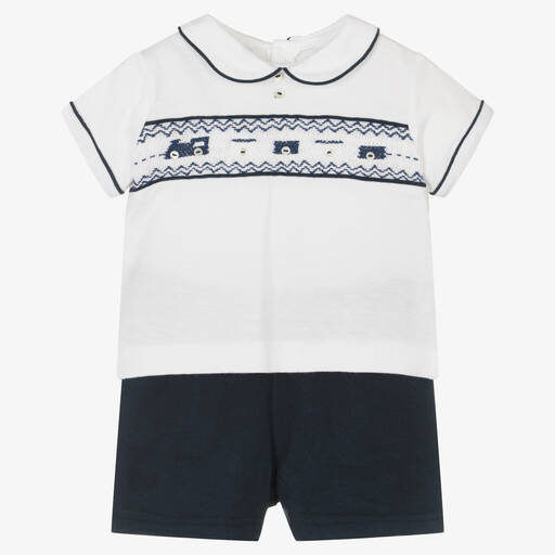 Sarah Louise-Boys Blue Smocked Cotton Shorts Set | Childrensalon Outlet