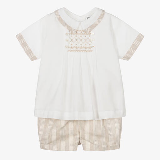 Sarah Louise-Boys Ivory & Beige Stripe Cotton Shorts Set | Childrensalon Outlet