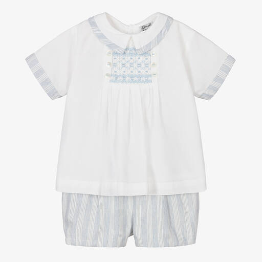 Sarah Louise-Boys Ivory & Blue Stripe Cotton Shorts Set | Childrensalon Outlet