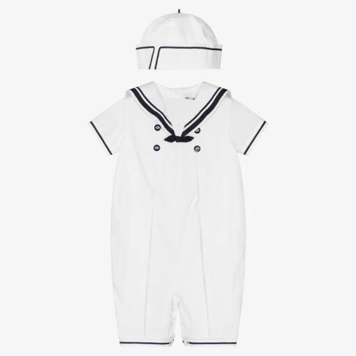 Sarah Louise-Boys White Sailor Babysuit Set with Navy Blue Trims | Childrensalon Outlet